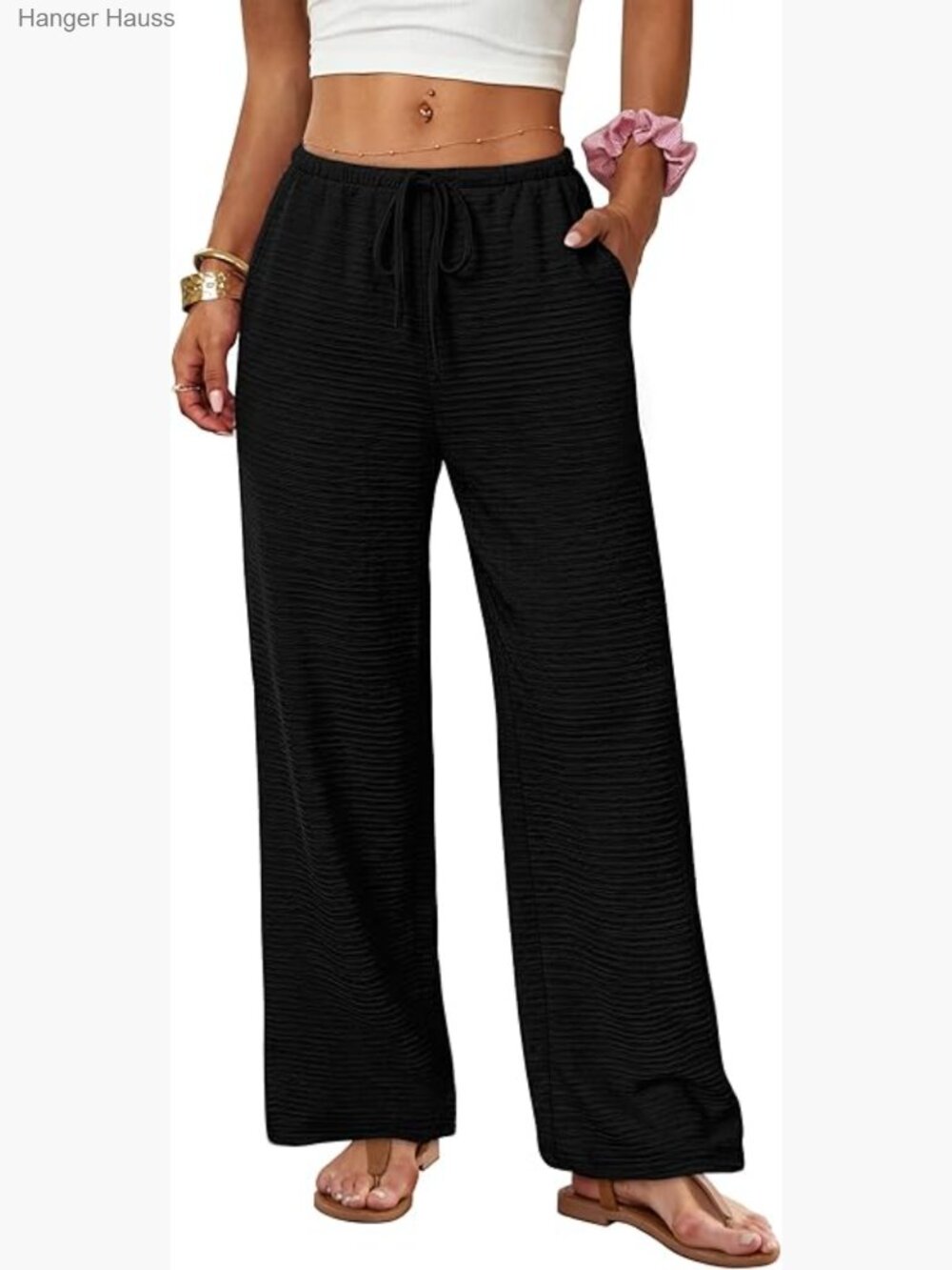 Wide Leg Palazzo Drawstring Elastic Waist Pants with Pockets Flowy Trousers